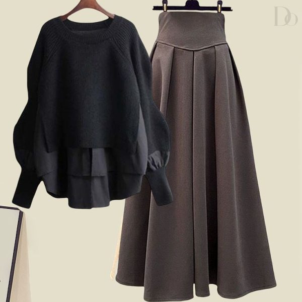 ブラック/ニット.セーター+コーヒー/スカート