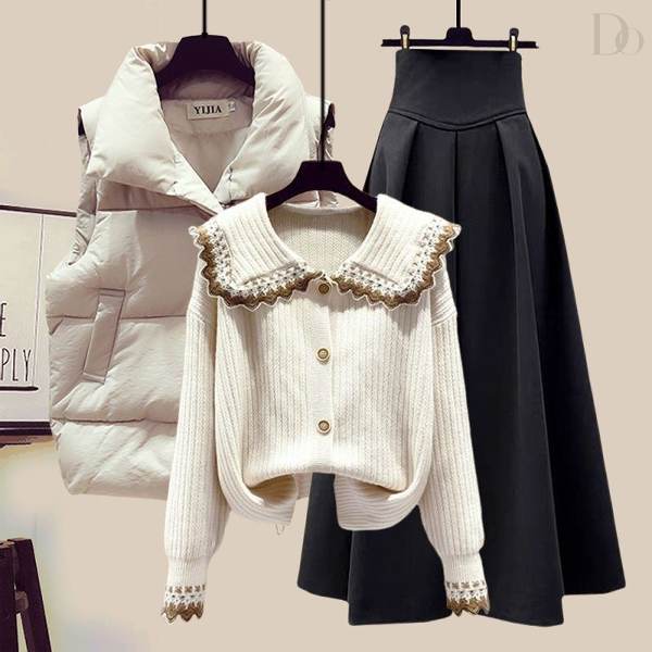 アイボリー/ベスト+ホワイト/ニット・セーター+ブラック/スカート