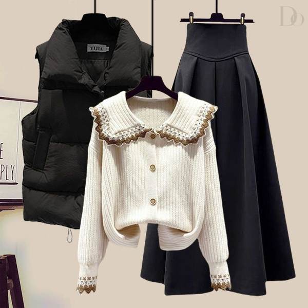 ブラック/ベスト+ホワイト/ニット・セーター+ブラック/スカート