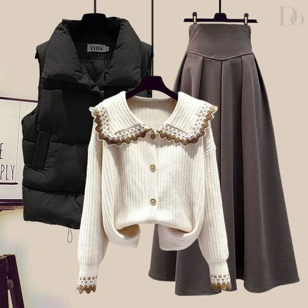 ブラック/ベスト+ホワイト/ニット・セーター+コーヒー/スカート