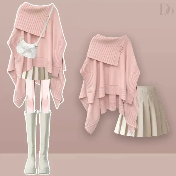 ピンク/セーター+アイボリー/スカート